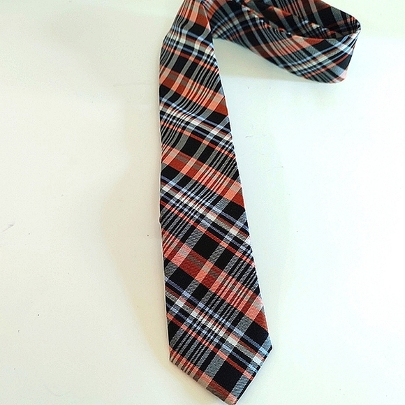 Original Penguin | Plaid Silk Tie | Black Orange Blue White | Unisex - Picture 5 of 9